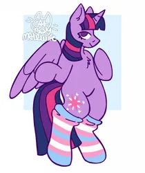 Size: 1074x1280 | Tagged: safe, artist:catponything, derpibooru import, twilight sparkle, twilight sparkle (alicorn), alicorn, pony, bipedal, chest fluff, clothes, g4, horn, image, jpeg, looking at you, mouthpiece, politics, pride, pride flag, signature, smiling, socks, solo, spread wings, striped socks, tail, transgender, transgender pride flag, wings