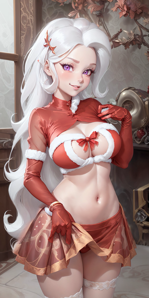 Size: 1024x2048 | Tagged: suggestive, ai content, derpibooru import, editor:sammykun, machine learning generated, trixie, human, belly button, big breasts, boob window, bow, breasts, bust, busty trixie, christmas, cleavage, clothes, costume, female, g4, generator:yodayo, gloves, holiday, humanized, image, long hair, looking at you, midriff, miniskirt, neck bow, png, prompter:sammykun, santa costume, seductive, sexy, short shirt, skirt, smiling, socks, solo, stupid sexy trixie, sultry, sultry pose, thigh highs, wide hips