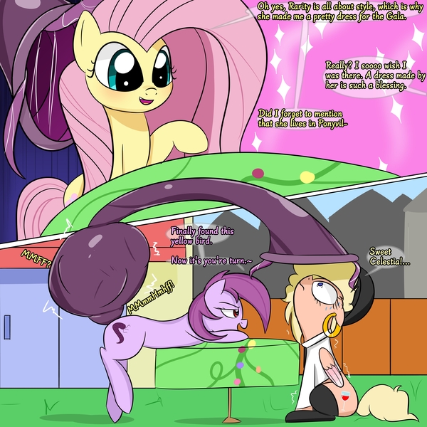 Size: 3000x3000 | Tagged: suggestive, artist:bestponies, derpibooru import, fluttershy, oc, oc:purple vine, oc:rose petal, earth pony, pegasus, pony, clothes, dialogue, earth pony oc, female, fetish, flutterprey, happy, hat, image, jpeg, mare, mare pred, mare prey, outdoors, pegasus oc, same size vore, scared, socks, sweat, table, tail, tail vore, vore, wings