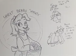 Size: 1906x1397 | Tagged: safe, artist:pony quarantine, derpibooru import, oc, oc:wheat berry, unofficial characters only, earth pony, pony, apron, basket, clothes, dialogue, eyebrows, eyebrows visible through hair, female, grayscale, grin, image, jpeg, mare, monochrome, pen drawing, smiling, solo, traditional art
