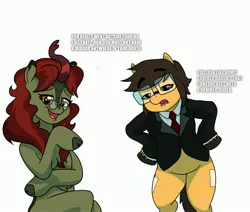 Size: 4096x3470 | Tagged: safe, artist:pony quarantine, derpibooru import, oc, unofficial characters only, earth pony, kirin, pony, bipedal, clothes, dialogue, duo, duo female, female, glasses, hoof on hip, image, insult, jpeg, kirin oc, lidded eyes, mare, necktie, round glasses, simple background, suit, talking to viewer, text, white background