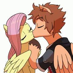 Size: 3600x3600 | Tagged: safe, artist:pony quarantine, derpibooru import, fluttershy, ponified, pegasus, pony, commission, crossover, crossover shipping, duo, duo male and female, eyebrows, eyebrows visible through hair, eyes closed, female, image, jpeg, kingdom hearts, kiss on the lips, kissing, male, mare, shipping, simple background, sora, sorashy, stallion, straight, white background
