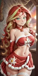 Size: 1024x2048 | Tagged: suggestive, ai content, derpibooru import, machine learning generated, sunset shimmer, human, belly button, big breasts, bow, breasts, bust, busty sunset shimmer, christmas, cleavage, clothes, costume, female, g4, generator:yodayo, gloves, holiday, humanized, image, jpeg, long gloves, long hair, looking at you, midriff, miniskirt, neck bow, prompter:sammykun, santa costume, seductive, sexy, short shirt, skirt, smiling, socks, solo, stupid sexy sunset shimmer, sultry, sultry pose, thigh highs, tube top, wide hips