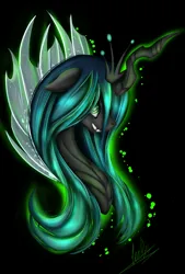 Size: 1024x1516 | Tagged: safe, artist:irayuune, derpibooru import, queen chrysalis, changeling, pony, black background, bust, clothes, colored pupils, crown, digital art, eyelashes, female, g4, glow, green eyes, green mane, horn, image, jewelry, jpeg, lidded eyes, looking at you, mare, portrait, regalia, see-through, signature, simple background, smiling, solo, stars, wings