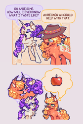Size: 806x1200 | Tagged: safe, artist:pastacrylic, derpibooru import, applejack, rarity, earth pony, pony, unicorn, alternate cutie mark, alternate design, alternate hairstyle, apple, chest fluff, comic, dialogue, duo, eyes closed, female, food, gif, image, lesbian, lidded eyes, looking at each other, looking at someone, rarijack, shipping, smiling, that pony sure does love apples, thought bubble