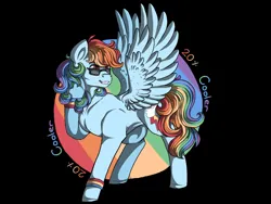 Size: 1280x960 | Tagged: safe, artist:binibean, derpibooru import, rainbow dash, pegasus, pony, 20% cooler, black background, female, grin, image, mare, png, simple background, smiling, solo, spread wings, sunglasses, turned head, wings