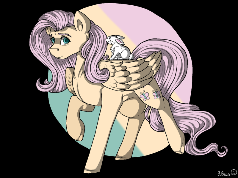 Size: 1280x960 | Tagged: safe, artist:binibean, derpibooru import, angel bunny, fluttershy, pegasus, pony, rabbit, angel riding fluttershy, animal, black background, duo, duo male and female, female, image, male, mare, png, raised hoof, signature, simple background, smiling