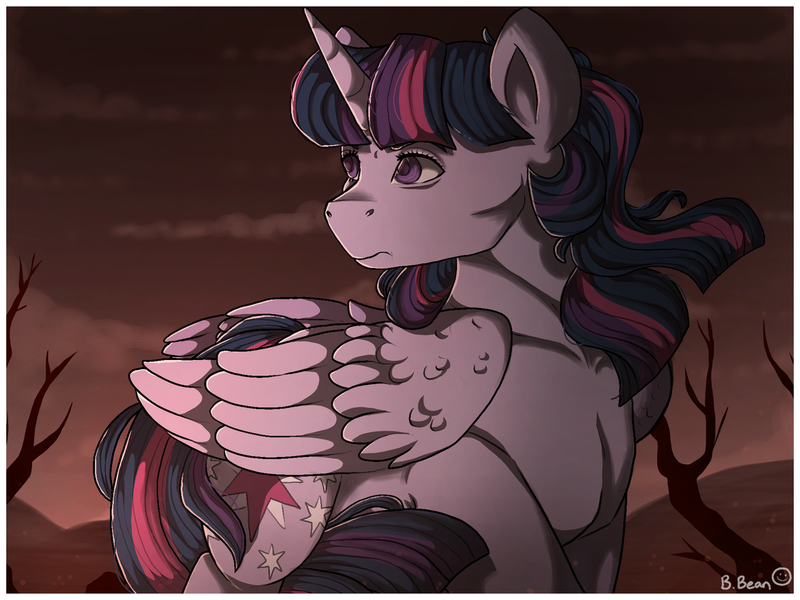 Size: 1280x960 | Tagged: safe, artist:binibean, derpibooru import, twilight sparkle, twilight sparkle (alicorn), alicorn, pony, alternate timeline, ashlands timeline, barren, female, image, implied genocide, lidded eyes, mare, png, post-apocalyptic, solo, turned head, wasteland, wind, windswept mane