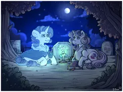 Size: 1280x960 | Tagged: safe, artist:binibean, derpibooru import, rarity, sweetie belle, ghost, pony, undead, unicorn, book, candle, duo, duo female, female, full moon, gravestone, image, implied cookie crumbles, implied hondo flanks, looking at each other, looking at someone, lying down, mare, moon, night, older, older rarity, older sweetie belle, png, prone, siblings, sisters