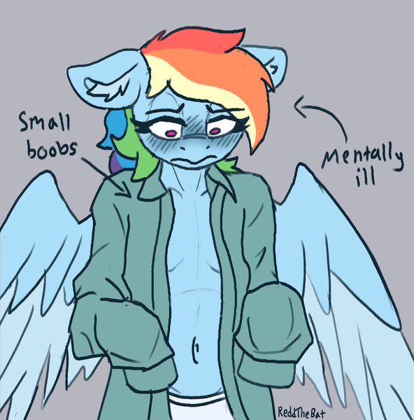 Size: 1536x1558 | Tagged: suggestive, artist:reddthebat, derpibooru import, rainbow dash, anthro, pegasus, pony, arrow, belly button, braless, breasts, clothes, delicious flat chest, ear fluff, female, floppy ears, gray background, image, mare, open clothes, open shirt, panties, partially open wings, png, rainbow flat, signature, simple background, solo, solo female, text, underwear, wings