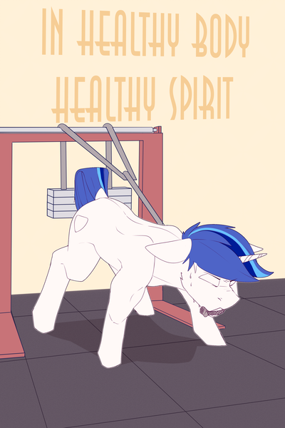 Size: 2400x3600 | Tagged: safe, artist:chapaevv, derpibooru import, shining armor, pony, unicorn, gym, image, male, patreon, patreon reward, png, solo, solo male, text, training, workout