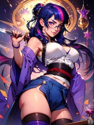 Size: 1536x2048 | Tagged: suggestive, ai content, derpibooru import, machine learning generated, twilight sparkle, human, breasts, busty twilight sparkle, clothes, generator:seaart.ai, glasses, humanized, image, katana, kimono (clothing), magic, png, prompter:neondash, sword, weapon