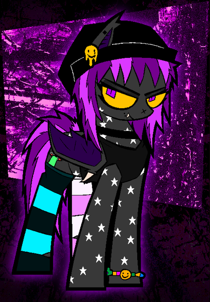 Size: 1004x1440 | Tagged: safe, artist:xxv4mp_g4z3rxx, derpibooru import, oc, oc:spaced out, bat pony, pony, beanie, choker, clothes, colored sclera, eyeshadow, fangs, hat, image, kandi bracelet, looking at you, makeup, piercing, png, purple eyes, smiley face, smug, socks, solo, striped socks, tanktop, yellow sclera