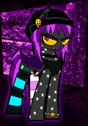 Size: 1004x1440 | Tagged: safe, artist:xxv4mp_g4z3rxx, derpibooru import, oc, oc:spaced out, bat pony, pony, beanie, choker, clothes, colored sclera, eyeshadow, fangs, hat, image, kandi bracelet, looking at you, makeup, piercing, png, purple eyes, smiley face, smug, socks, solo, striped socks, tanktop, yellow sclera