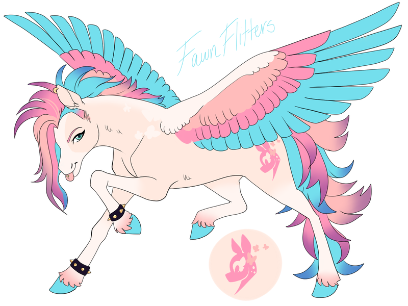 Size: 1400x1050 | Tagged: safe, artist:arexstar, derpibooru import, oc, oc:fawn flitters, pegasus, pony, g5, bracelet, colored wings, female, image, magical lesbian spawn, mare, multicolored wings, offspring, parent:fluttershy, parent:zipp storm, piercing, png, simple background, solo, spiked wristband, tongue out, tongue piercing, white background, wings, wristband