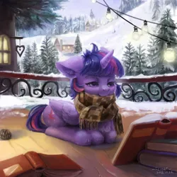 Size: 8000x8000 | Tagged: safe, artist:flvski, derpibooru import, twilight sparkle, alicorn, book, clothes, image, jpeg, lightbulb, outdoors, pinecone, railing, reading, scarf, snow, winter