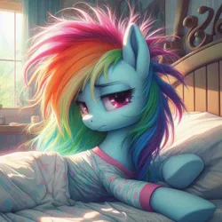 Size: 1024x1024 | Tagged: safe, ai content, derpibooru import, machine learning generated, rainbow dash, pegasus, pony, bed, bed hair, bed mane, bedroom, bedsheets, clothes, cute, dashabetes, female, g4, generator:dall-e 3, image, laying on bed, lidded eyes, looking sideways, lying down, mare, messy mane, morning ponies, on bed, pajamas, pillow, png, prompter:tyto4tme4l, solo, sunlight, tired eyes, underhoof, waking up, window