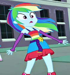 Size: 723x773 | Tagged: safe, derpibooru import, screencap, rainbow dash, equestria girls, equestria girls (movie), clothes, cropped, dress, evening gloves, fall formal outfits, fingerless elbow gloves, fingerless gloves, gloves, image, long gloves, png, rainbow dress, surprised