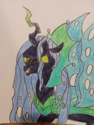 Size: 640x853 | Tagged: safe, artist:leakypipes, derpibooru import, queen chrysalis, changeling, changeling queen, crayon drawing, female, image, jpeg, traditional art