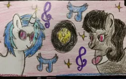 Size: 640x402 | Tagged: safe, artist:leakypipes, derpibooru import, octavia melody, vinyl scratch, crayon drawing, duo, duo female, female, image, jpeg, music, music notes, traditional art