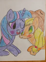 Size: 640x853 | Tagged: safe, artist:leakypipes, derpibooru import, applejack, twilight sparkle, blushing, crayon drawing, female, image, jpeg, lesbian, one eye closed, ship:twijack, shipping, traditional art