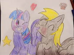 Size: 640x477 | Tagged: safe, artist:leakypipes, derpibooru import, derpy hooves, twilight sparkle, twilight sparkle (alicorn), alicorn, blushing, crayon drawing, food, heart, image, jpeg, muffin, one eye closed, spread wings, stars, traditional art, wings, wink