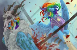 Size: 1686x1102 | Tagged: semi-grimdark, artist:sorninay, derpibooru import, rainbow dash, pegasus, pony, armor, blood, double rainbow, duality, female, image, jpeg, mare, self paradox, self ponidox, skull, spear, weapon