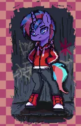 Size: 1192x1848 | Tagged: safe, artist:menalia, derpibooru import, oc, oc:stolen diamonds, unofficial characters only, pony, unicorn, aseprite, bipedal, boots, clothes, graffiti, hoodie, horn, image, male, night, outdoors, pants, pixel art, png, shoes, sketch, solo, stallion