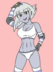 Size: 640x859 | Tagged: suggestive, artist:sumin6301, derpibooru import, limestone pie, human, equestria girls, bold, bra, breasts, busty limestone pie, clothes, eyebrows, eyebrows visible through hair, female, fingerless gloves, gloves, hand on head, happy, image, jpeg, light skin, open mouth, panties, pink background, pulling, simple background, socks, solo, solo female, spread legs, spreading, stupid sexy limestone pie, thigh highs, underwear, white bra, white panties, white underwear