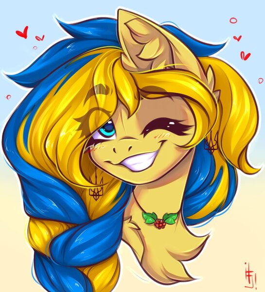 Size: 1200x1320 | Tagged: safe, artist:falafeljake, derpibooru import, oc, oc:ukraine, ponified, unofficial characters only, pony, blushing, bust, chest fluff, ear fluff, eye clipping through hair, eyebrows, eyebrows visible through hair, female, gradient background, grin, heart, image, jpeg, looking at you, mare, nation ponies, one eye closed, portrait, signature, smiling, smiling at you, solo, ukraine, wink, winking at you