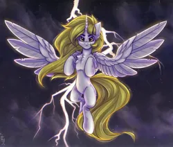 Size: 2600x2200 | Tagged: safe, artist:falafeljake, derpibooru import, oc, oc:spotlight, unofficial characters only, alicorn, pony, alicorn oc, chest fluff, commission, eyebrows, flying, frown, high res, horn, image, jpeg, large wings, lightning, looking at you, signature, sky, solo, spread wings, wings