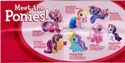 Size: 884x450 | Tagged: safe, derpibooru import, official, cheerilee (g3), pinkie pie (g3), rainbow dash (g3), scootaloo (g3), starsong, sweetie belle (g3), toola roola, butterfly, earth pony, insect, pegasus, pony, unicorn, g3, core seven, female, filly, flying, foal, g3.5, hoof heart, image, irl, jpeg, mare, photo, pigtails, standing on two hooves, text, toola-roola, underhoof