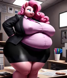 Size: 879x1024 | Tagged: suggestive, ai content, derpibooru import, machine learning generated, stable diffusion, pinkie pie, anthro, bbw, big breasts, breasts, busty pinkie pie, button-up shirt, clothes, erect nipples, fat, female, g4, huge breasts, image, necktie, nipple outline, obese, office, piggy pie, png, prompter:professordoctorc, pudgy pie, shirt, skirt, solo, solo female, ssbbw, thighs, thunder thighs