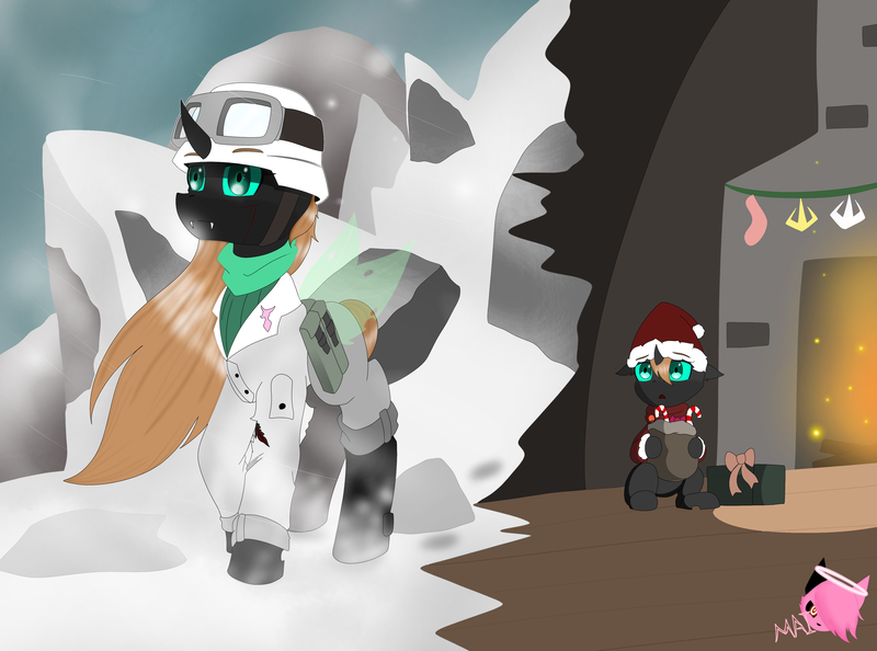 Size: 4096x3040 | Tagged: safe, artist:mairiathus, derpibooru import, changeling, equestria at war mod, candy, children, christmas, fire, food, holiday, image, mountain, png, signature, snow, soldier, war, wings, winter