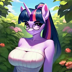 Size: 3072x3072 | Tagged: suggestive, ai content, derpibooru import, machine learning generated, twilight sparkle, anthro, unicorn, big breasts, breasts, bush, cleavage, clothes, cute, day, dress, flower, g4, glasses, image, jpeg, ponytail, prompter:frw, solo, strapless, strapless dress