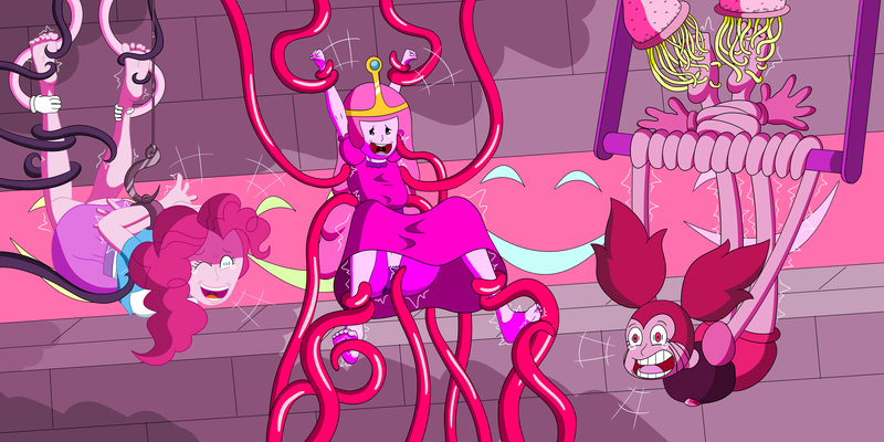 Size: 16000x8000 | Tagged: suggestive, artist:thenamecaramel, derpibooru import, pinkie pie, equestria girls, adventure time, ass, barefoot, bondage, butt, clothes, crossover, crown, crying, dress, erotic tickling, feet, female, females only, femsub, fetish, foot fetish, g4, gloves, hook, image, jewelry, laughing, one eye closed, open mouth, panties, png, princess bubblegum, regalia, skirt, spinel, steven universe, submissive, tears of laughter, tentacles, tickle fetish, tickle torture, tickling, trio, trio female, underwear, vine