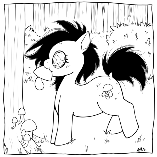 Size: 2893x2893 | Tagged: safe, artist:natt333, derpibooru import, oc, oc:mushrooms, earth pony, pony, cutie mark, forest, image, lineart, nature, png, signature, solo, tree, wip