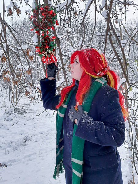 Size: 3000x4000 | Tagged: safe, artist:yuris, derpibooru import, sunset shimmer, human, equestria girls, clothes, cosplay, costume, forest, harry potter (series), image, jpeg, mistletoe, nature, photo, slytherin, solo, tree, winter