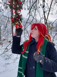 Size: 3000x4000 | Tagged: safe, artist:yuris, derpibooru import, sunset shimmer, human, equestria girls, clothes, cosplay, costume, forest, harry potter (series), image, jpeg, mistletoe, nature, photo, slytherin, solo, tree, winter