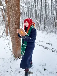 Size: 3000x4000 | Tagged: safe, artist:yuris, derpibooru import, sunset shimmer, human, equestria girls, clothes, cosplay, costume, forest, harry potter (series), image, jpeg, nature, photo, slytherin, solo, tree, winter