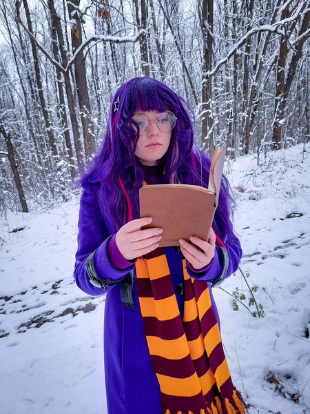 Size: 3000x4000 | Tagged: safe, artist:yuris, derpibooru import, sci-twi, twilight sparkle, human, equestria girls, clothes, cosplay, costume, forest, gryffindor, harry potter (series), image, jpeg, nature, photo, solo, tree, winter