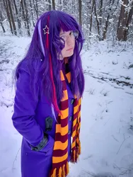 Size: 3000x4000 | Tagged: safe, artist:yuris, derpibooru import, sci-twi, twilight sparkle, human, equestria girls, clothes, cosplay, costume, forest, gryffindor, harry potter (series), image, jpeg, nature, photo, solo, tree, winter