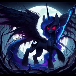 Size: 1024x1024 | Tagged: semi-grimdark, ai content, derpibooru import, machine learning generated, princess luna, alicorn, undead, vampire, blood, ears up, forest, full body, full moon, g4, image, jpeg, looking at you, moon, nature, night, prompter:rektpay, red eyes, scythe, smiling, smiling at you, spread wings, tree, weapon, wings