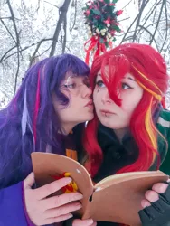 Size: 2868x3824 | Tagged: safe, artist:yuris, derpibooru import, sci-twi, sunset shimmer, twilight sparkle, human, equestria girls, clothes, cosplay, costume, forest, gryffindor, harry potter (series), image, jpeg, kissing, mistletoe, nature, photo, shipping, slytherin, solo, tree, winter