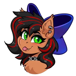 Size: 1533x1533 | Tagged: safe, artist:dandy, derpibooru import, oc, unofficial characters only, bat pony, pony, bat ears, bat pony oc, bat wings, blushing, bow, bust, chest fluff, choker, ear fluff, ear piercing, eyeshadow, fangs, female, hair bow, image, looking at you, makeup, piercing, png, portrait, simple background, solo, tongue out, transparent background, wings