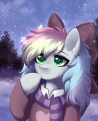 Size: 1863x2304 | Tagged: safe, artist:alunedoodle, derpibooru import, oc, oc:blazey sketch, unofficial characters only, pegasus, pony, bow, bust, clothes, commission, female, forest, hair bow, image, nature, png, portrait, scarf, snow, snowflake, solo, tree, ych result