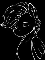 Size: 2048x2732 | Tagged: safe, artist:single purpose, derpibooru import, oc, oc:treading step, unofficial characters only, pegasus, black and white, eyes closed, grayscale, image, minimalist, modern art, monochrome, png, sad, solo, stencil