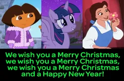 Size: 1061x697 | Tagged: safe, derpibooru import, twilight sparkle, twilight sparkle (alicorn), alicorn, magical mystery cure, beauty and the beast, belle, dora márquez, dora the explorer, female, image, lyrics, png, singing, text, trio, trio female, we wish you a merry christmas