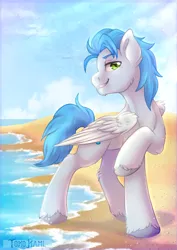 Size: 2480x3507 | Tagged: safe, artist:tokokami, derpibooru import, edit, oc, oc:sky shatter, unofficial characters only, pegasus, pony, beach, bedroom eyes, blue mane, complex background, crepuscular rays, digital art, green eyes, high res, image, lidded eyes, looking at you, male, ocean, pegasus oc, png, raised hoof, shore, smiling, solo, stallion, unshorn fetlocks, water, wings