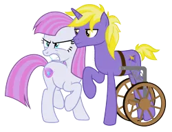 Size: 6000x4603 | Tagged: safe, artist:kaitykat117, derpibooru import, oc, oc:cornsilk lavender(kaitykat), oc:zephyr amethyst(kaitykat), unofficial characters only, earth pony, unicorn, derpibooru community collaboration, 2024 community collab, angry, base used, disabled, gritted teeth, image, png, raised hoof, short tail, siblings, simple background, smiling, tail, teeth, transparent background, vector, wheelchair